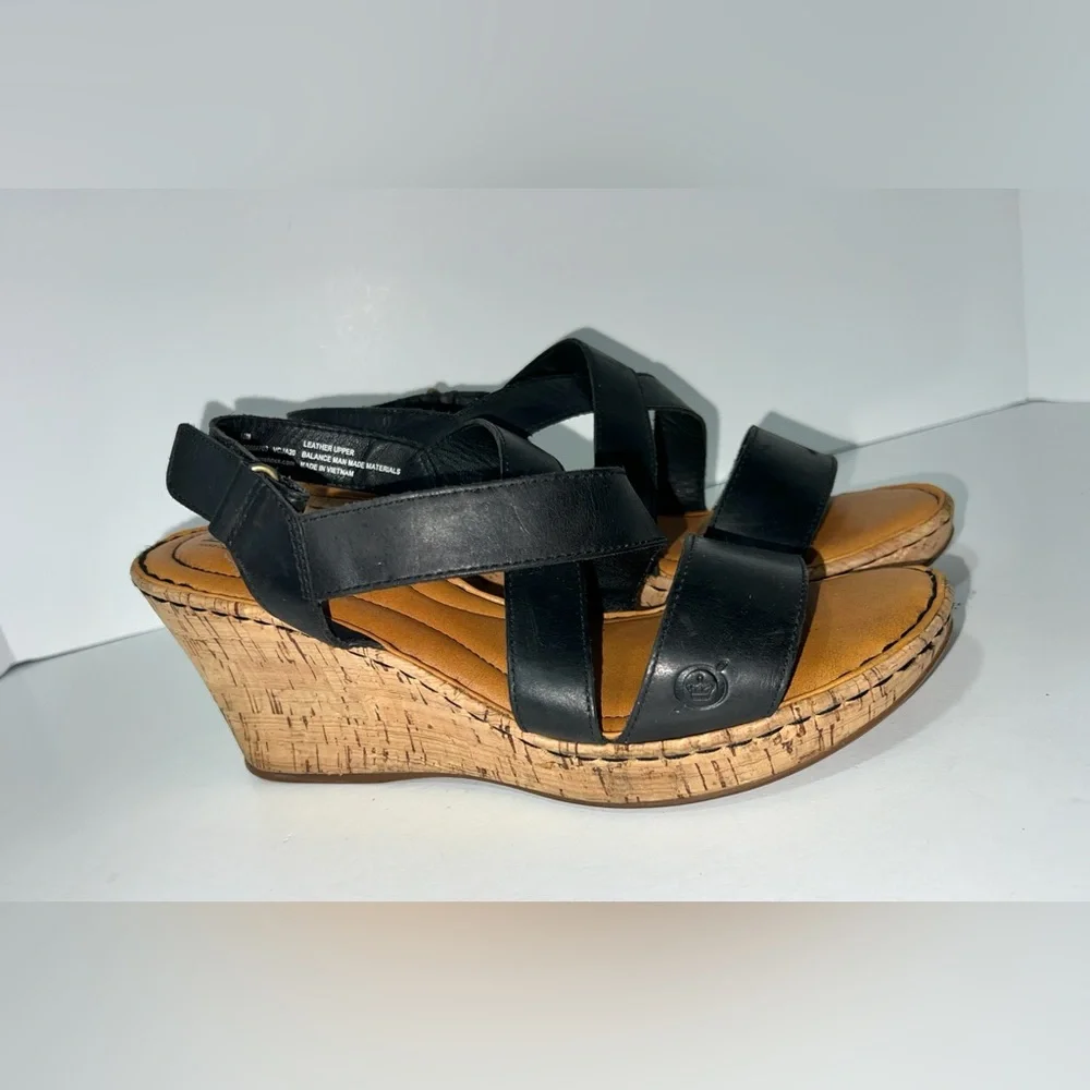 Born Women's‎ Leather Straps Cork Platform Sandal Wedge Black, Size 10